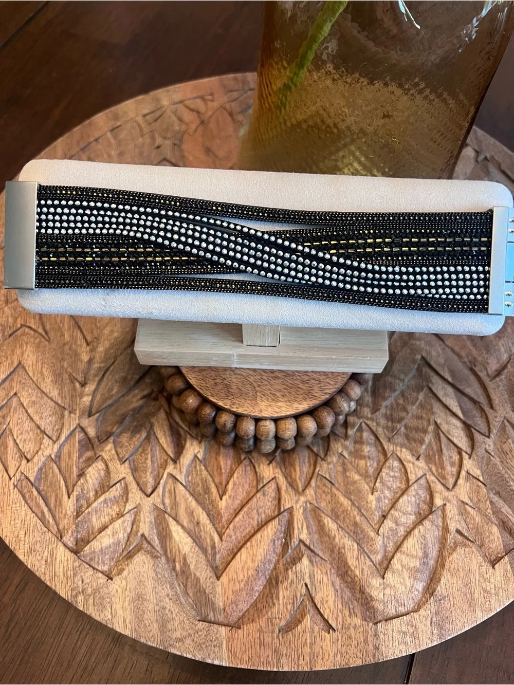 New Women’s  Black Beaded Multi-Strand Bracelet with Silver Clasp